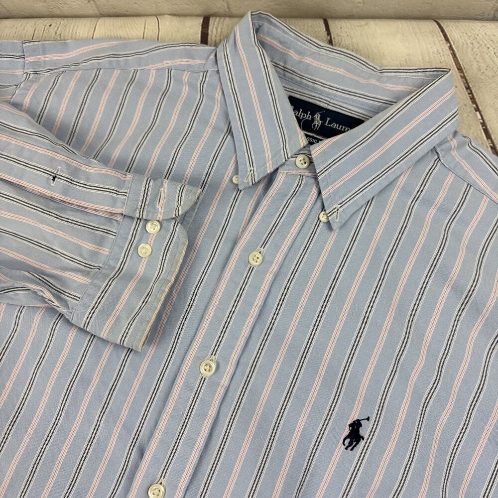 Ralph Lauren Mens XL Long Sleeve Classic Fit 100% Cotton Striped Blue Pink White